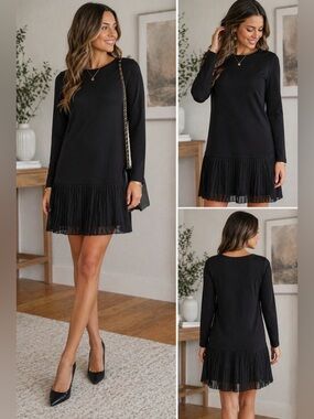 Michael Kors Black Pleated Hem Dress XS | Long Sleeve Minimal Chic